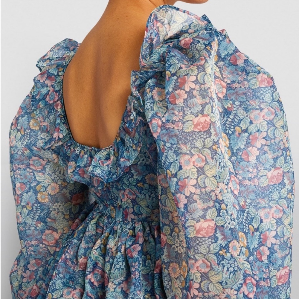 NWOT Selkie Mayfair Secret Garden Puff Sleeve Blue Floral Mini Dress Size XL - Picture 9 of 16